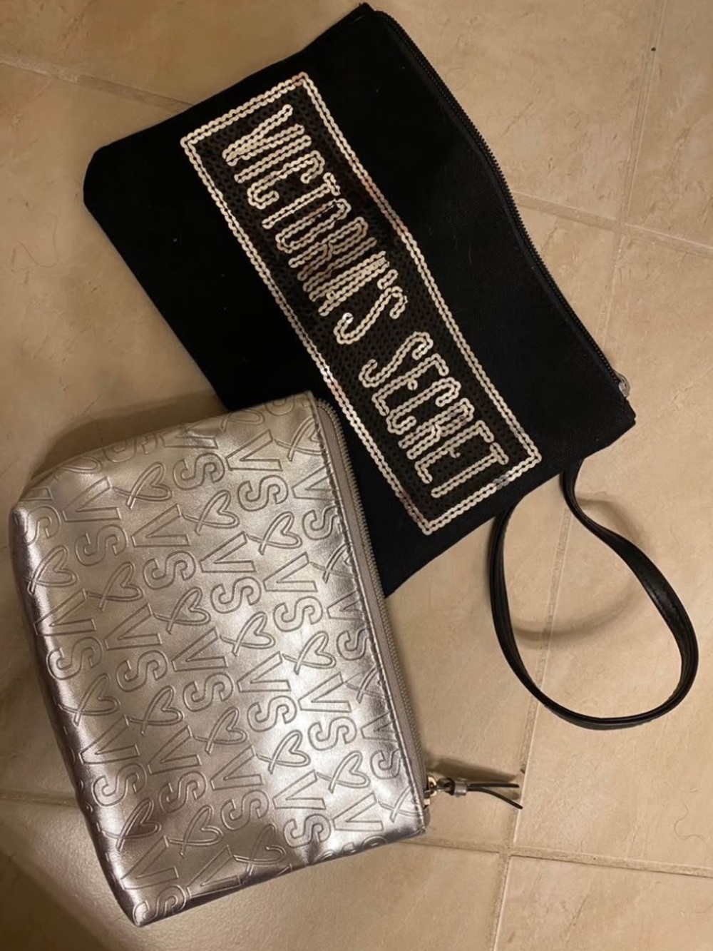 Victoria's Secret Black Wristlet with Silver Embossed Cosmetic Pouch